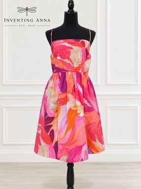 H&M Pink Orange Floral Pleated Spaghetti Strap Fit & Flare Dress size XXL